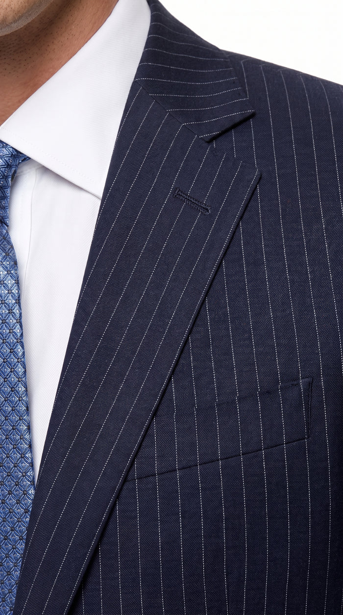 Men’s Dark Navy Pinstripe 2 Button Suit, Side Vent Back Formal Business Dress Suit