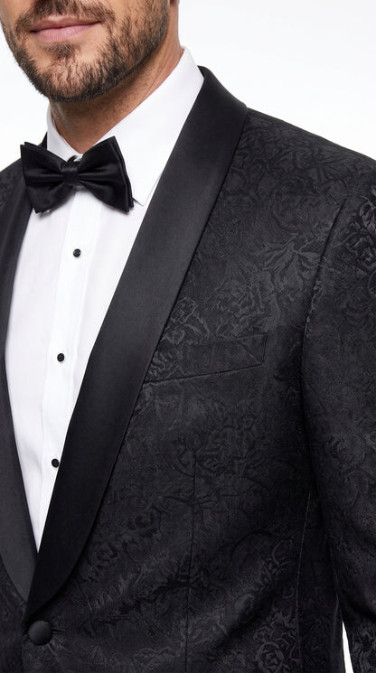 Men’s Black Fancy Pattern Sport Coat – One Button Formal Dinner Jacket with Shawl Lapel