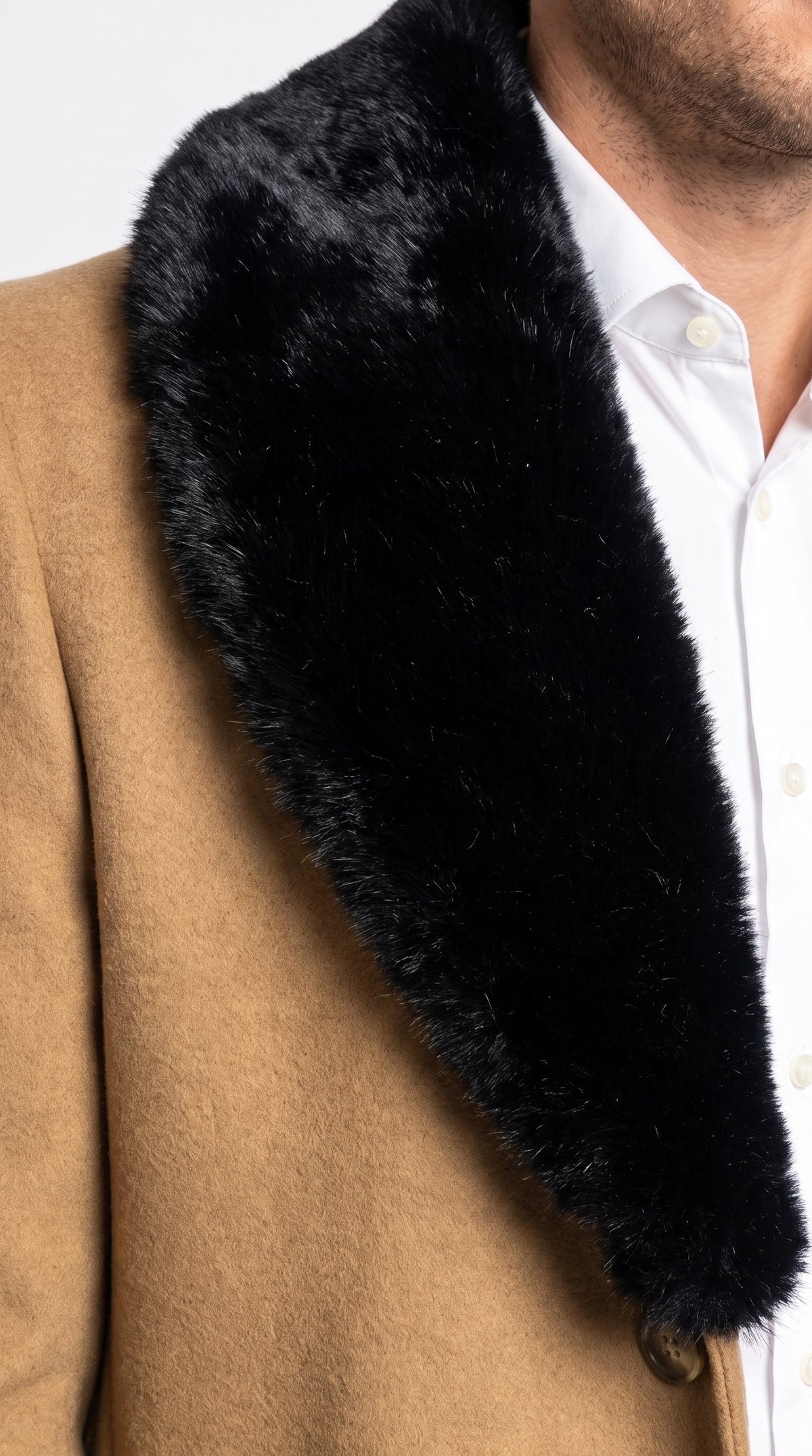 Men’s Camel Wool Full-Length Top Coat with Black Fur Collar – Classic Winter Overcoat
