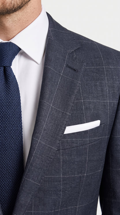 Statement Men’s Navy Windowpane 2 Piece Wool Suit, Modern Fit Super 200s Formal Business Suit