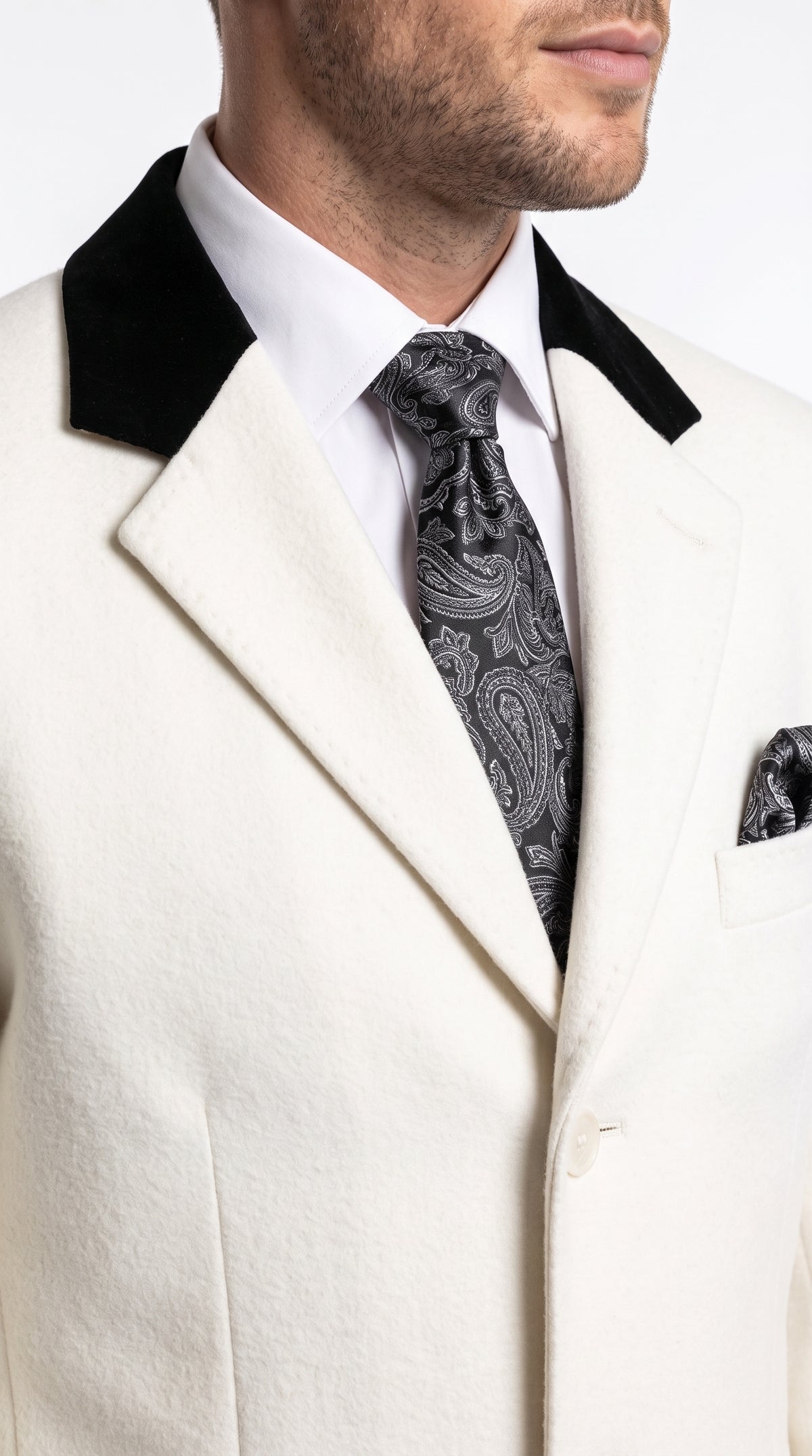 Men’s Winter White Chesterfield Overcoat, Wool and Cashmere Full Length Dress Coat