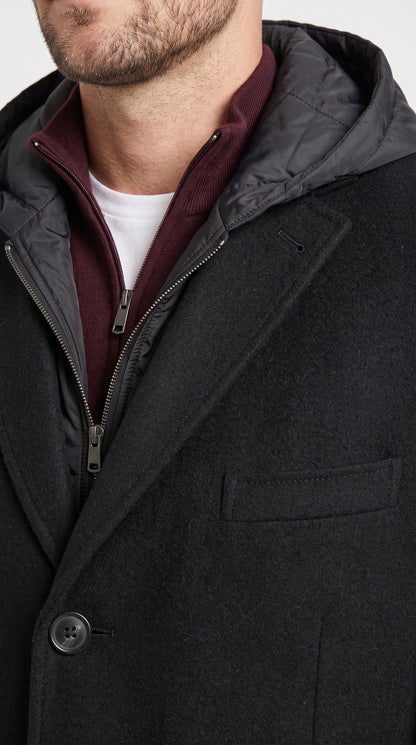 Men’s Black Hooded Overcoat, Formal Topcoat with Removable Hoodie Style