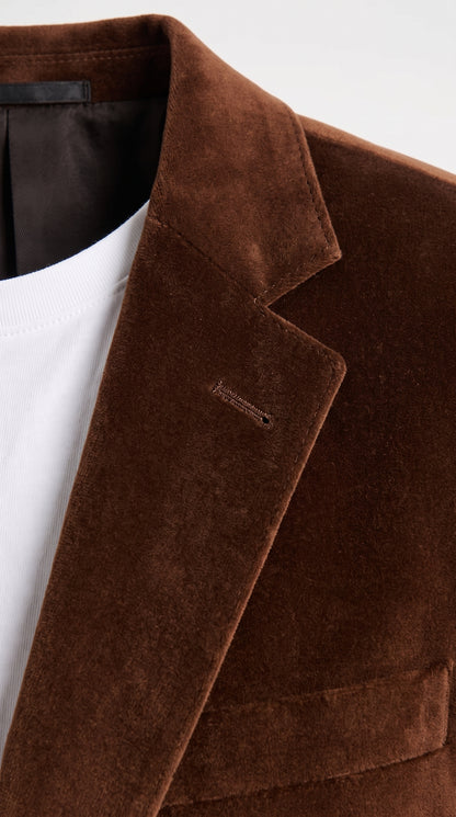 Men's Brown Velour Blazer Jacket – Classic Velvet-Look 2 Button Sport Coat for Weddings, Parties & Formal Events
