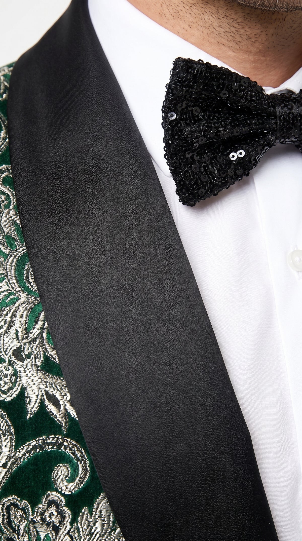 Men’s Emerald Green and Gold Floral Jacquard Tuxedo Suit, Black Satin Shawl Lapel Wedding Prom Formal Suit