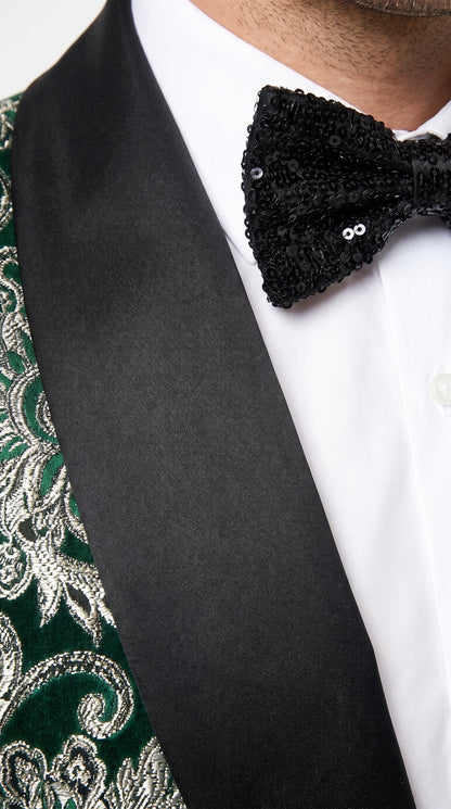 Men’s Emerald Green and Gold Floral Jacquard Tuxedo Suit, Black Satin Shawl Lapel Wedding Prom Formal Suit