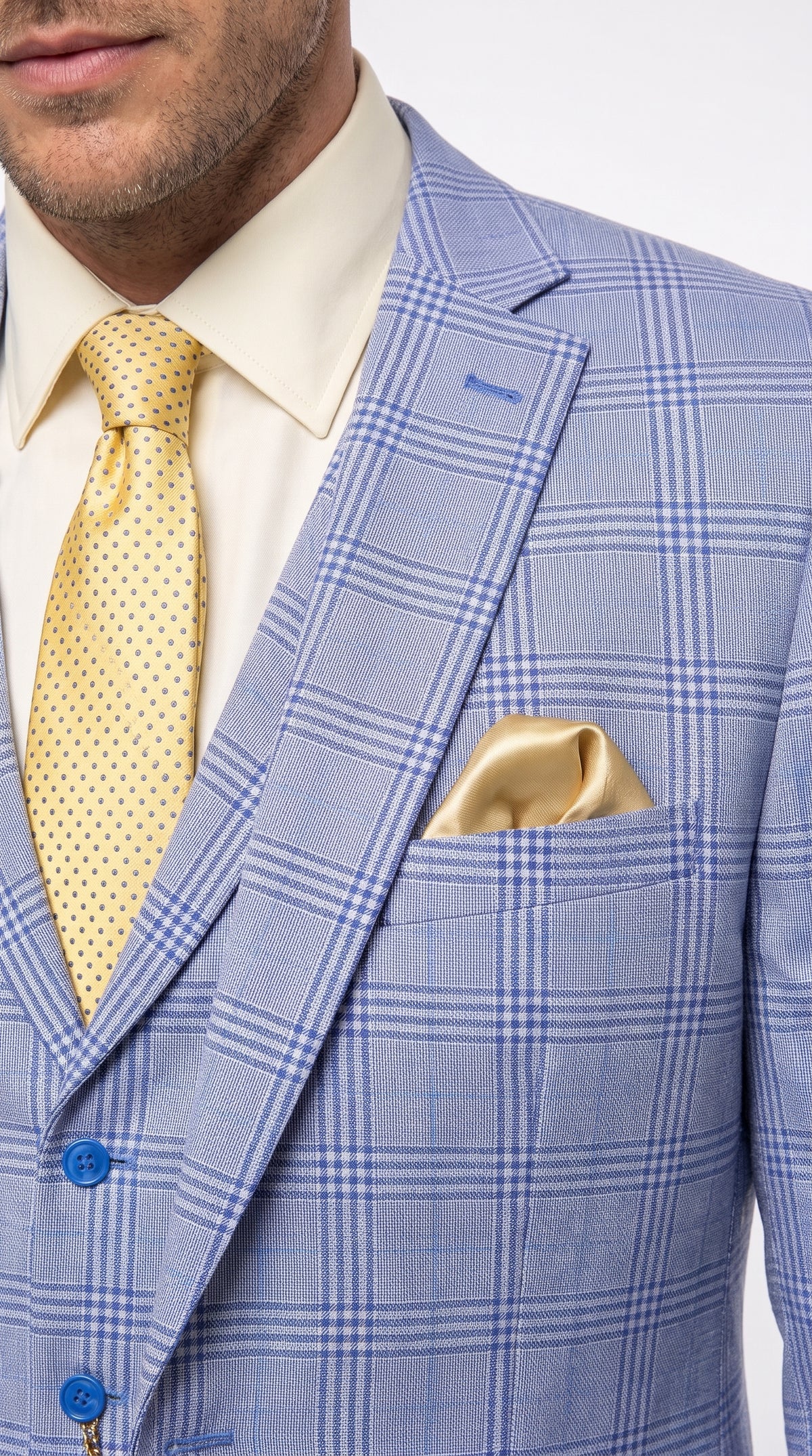 Men’s Sky Blue Glen Plaid 3 Piece Suit SV2W6, Windowpane Checkered Vested Formal Wedding Prom Suit