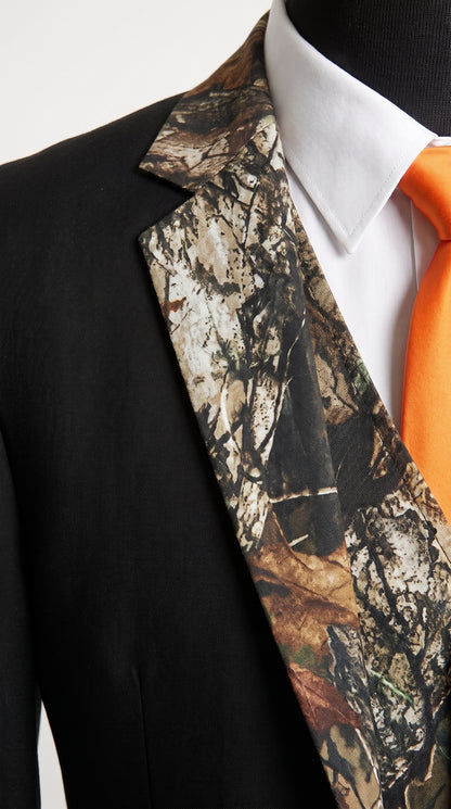 Men’s Black Camo Tuxedo Suit, Slim Fit 2 Button Wedding Prom Suit with Camouflage Vest and Lapels