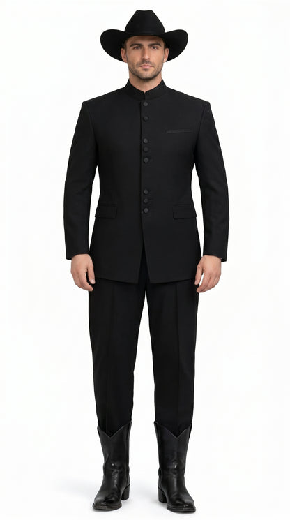 Men’s Apollo King Black 2 Piece Nehru Style Suit with Mandarin Collar, Formal Banded Collar Suit Modern Fit