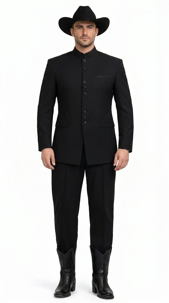 Men’s Apollo King Black 2 Piece Nehru Style Suit with Mandarin Collar, Formal Banded Collar Suit Modern Fit