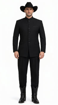 Men’s Apollo King Black 2 Piece Nehru Style Suit with Mandarin Collar, Formal Banded Collar Suit