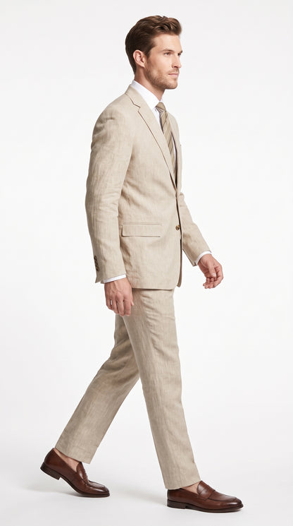 Men’s Beige Linen Suit, Lightweight 2 Button Prom Wedding Summer Suit