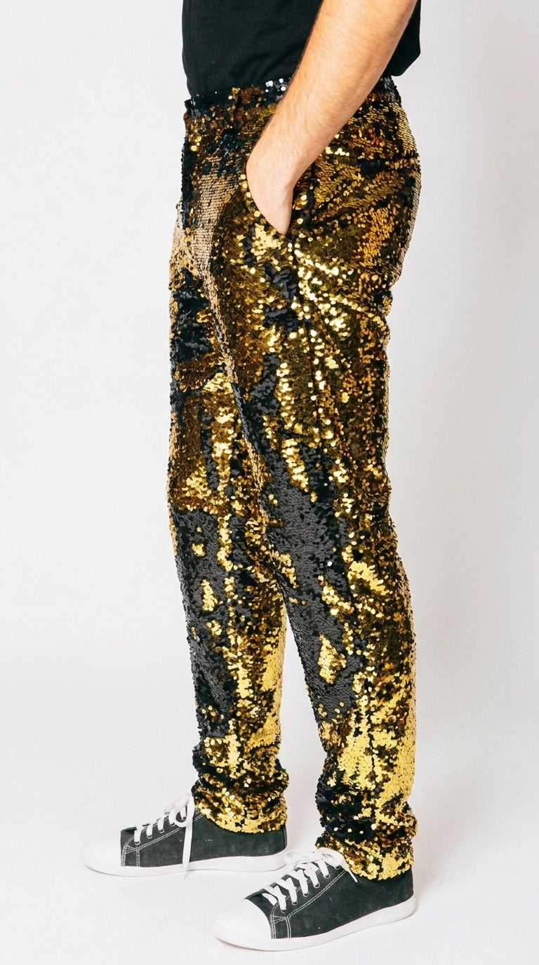 Men’s Gold and Black Sequin Pants, Shiny Party Stage Performance Dress Pants