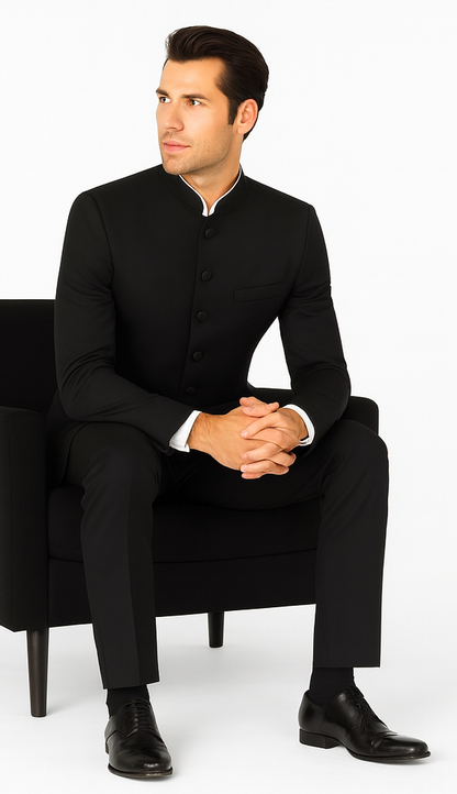 Mandarin Collar BANNED Collar Black Suit 8 BUTTON EXTRA FINE HAND MADE Discount Sale Designer Super Light Weight - Image 4