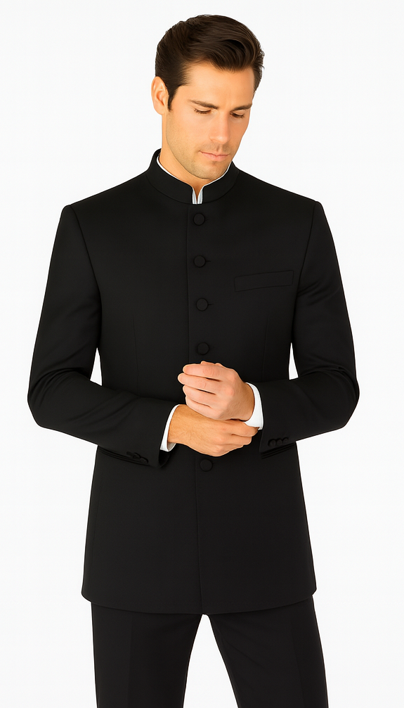 Mandarin Collar BANNED Collar Black Suit 8 BUTTON EXTRA FINE HAND MADE Discount Sale Designer Super Light Weight - Image 6