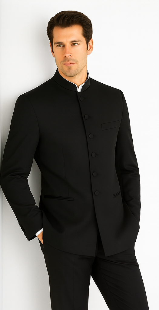 Mandarin Collar BANNED Collar Black Suit 8 BUTTON EXTRA FINE HAND MADE Discount Sale Designer Super Light Weight - Image 8