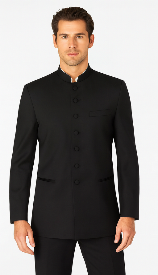 Mandarin Collar BANNED Collar Black Suit 8 BUTTON EXTRA FINE HAND MADE Discount Sale Designer Super Light Weight