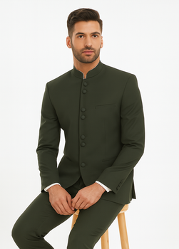 Marriage Groom Wedding Indian Nehru Suit Jacket Mens Blazer Olive (Jacket + Pants) $99 - Image 4
