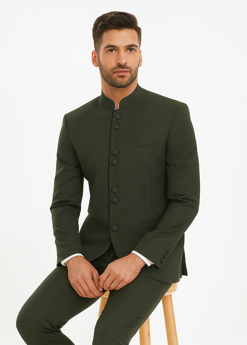 Marriage Groom Wedding Indian Nehru Suit Jacket Mens Blazer Olive (Jacket + Pants) $99
