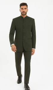 Marriage Groom Wedding Indian Nehru Suit Jacket Mens Blazer Olive (Jacket + Pants) $99