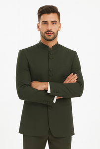 Marriage Groom Wedding Indian Nehru Suit Jacket Mens Blazer Olive (Jacket + Pants) $99