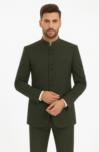 Marriage Groom Wedding Indian Nehru Suit Jacket Mens Blazer Olive (Jacket + Pants) $99