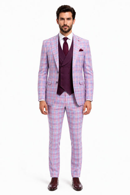 Statement Mens Modern Fit 3 Piece 100% Super 200s Wool Classic Windowpane Suit – Double Breasted Vest