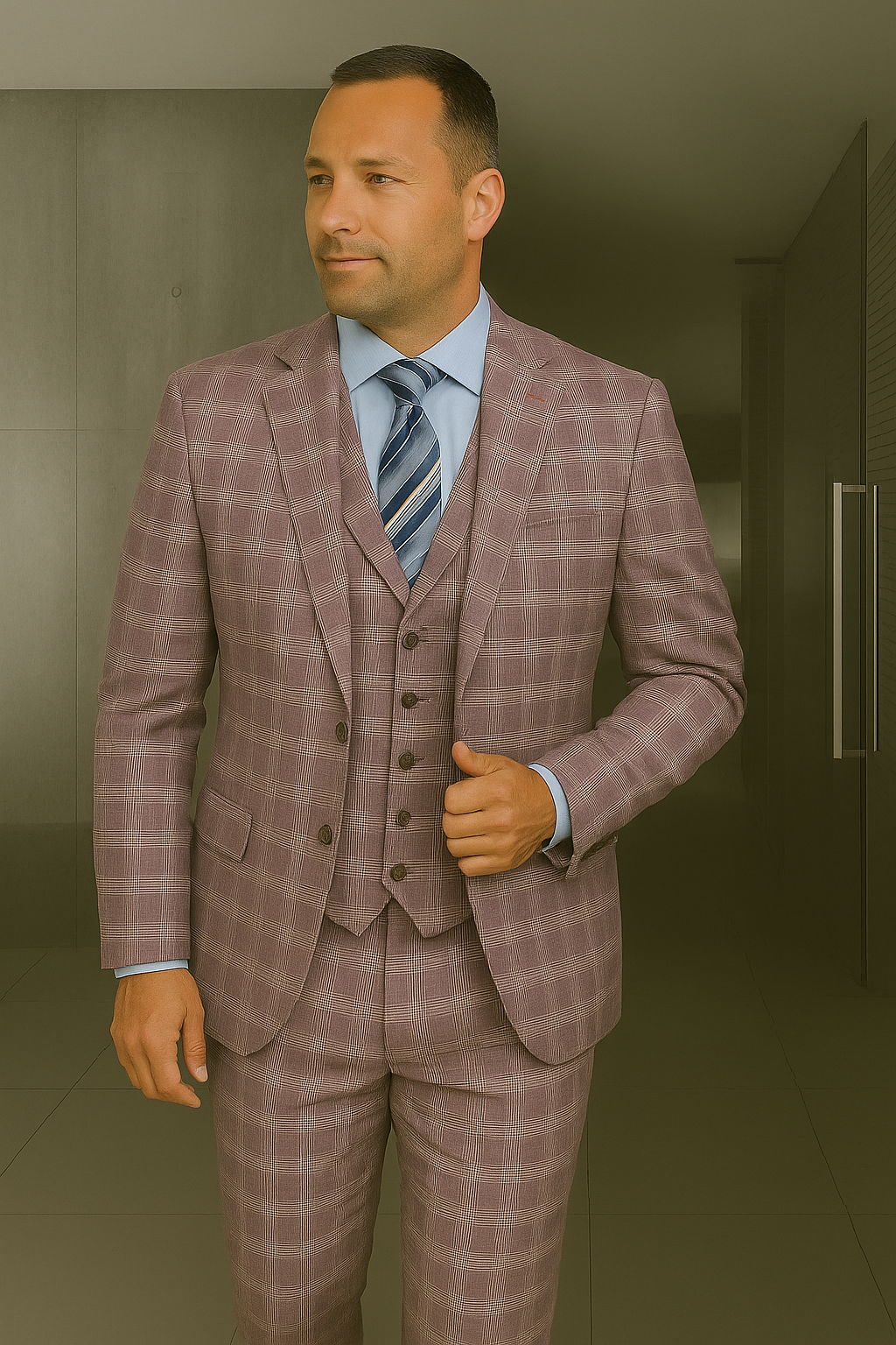 Wool Suit - Italian Made Business Suit by Statement Men's 3 Piece 100% Wool Suit - Coordinating Solid Color Vest Modern Fit