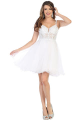 May Queen MQ1693 Lace & Sequin Top Dress - White / 2 - Dress