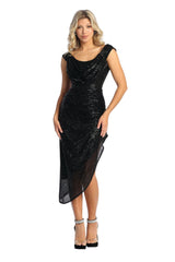 Long Off Shoulder Sequin Dress - BLACK / 6