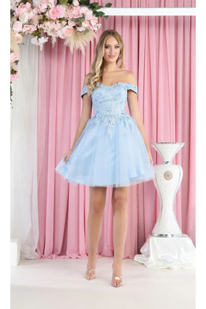 May Queen MQ1964 3D Floral Applique & Beaded Cap Sleeves Dress - Baby blue / 4 - Dress