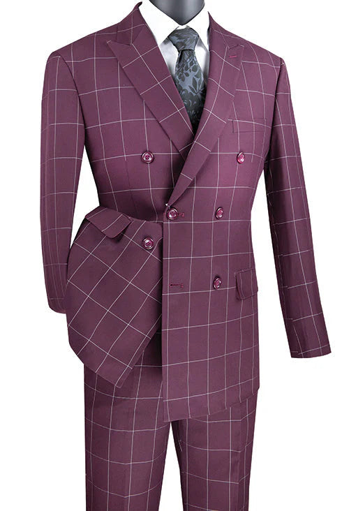 Naples Collection - Wine  Double Breasted Windowpane Peak Lapel 2 Piece Suit Modern Fit