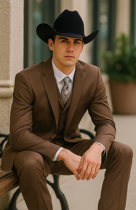 Mel-M158 Coffee Color - Light Brown - Mocha 2 Buttons Vested Suit Pant Classi Mel-M158 Suit