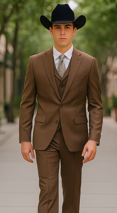 Mel-M158 Coffee Color - Light Brown - Mocha 2 Buttons Vested Suit Pant Classi Mel-M158 Suit