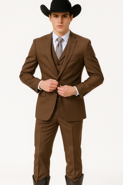 Mel-M158 Coffee Color - Light Brown - Mocha 2 Buttons Vested Suit Pant Classi Mel-M158 Suit