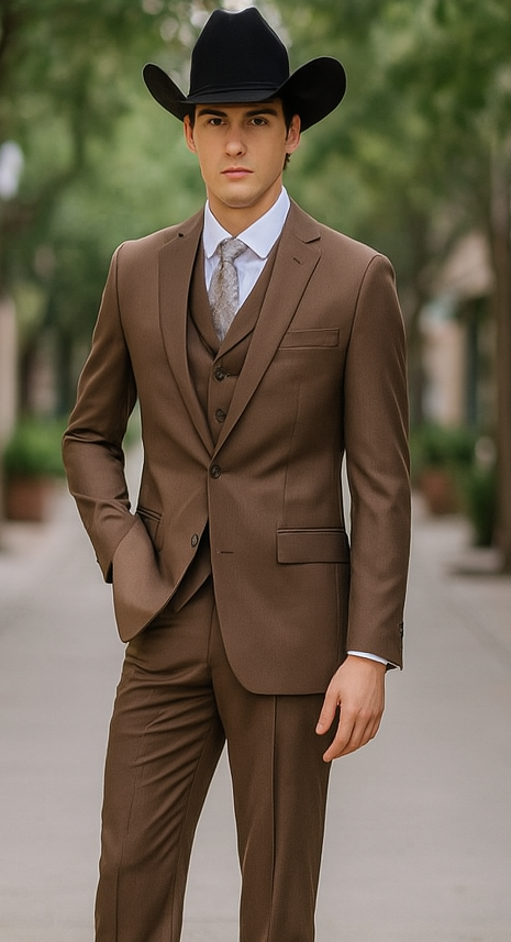 Mel-M158 Coffee Color - Light Brown - Mocha 2 Buttons Vested Suit Pant Classi Mel-M158 Suit