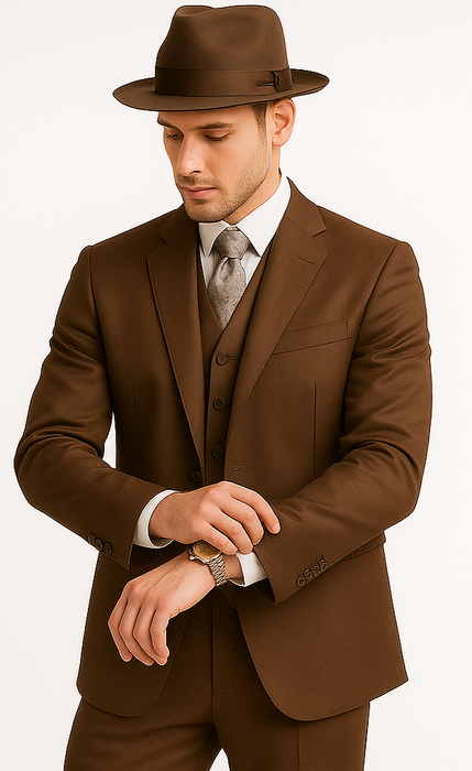 Mel-M158 Coffee Color - Light Brown - Mocha 2 Buttons Vested Suit Pant Classi Mel-M158 Suit