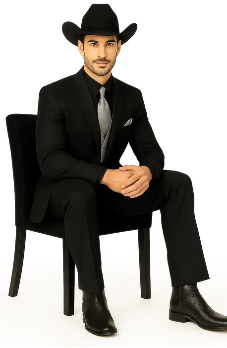 Men 2 Button Trim Cowboy in Black Cowboy Suit - Country Besom Pockets Wedding Suits