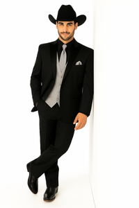 Men 2 Button Trim Cowboy in Black Cowboy Suit - Country Besom Pockets Wedding Suits