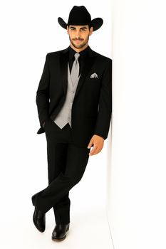 Men 2 Button Trim Cowboy in Black Cowboy Suit - Country Besom Pockets Wedding Suits - Image 6