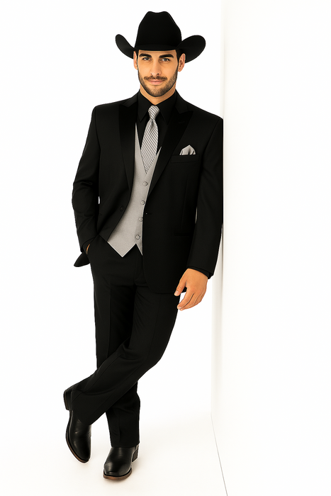Men 2 Button Trim Cowboy in Black Cowboy Suit - Country Besom Pockets Wedding Suits