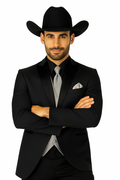 Men 2 Button Trim Cowboy in Black Cowboy Suit - Country Besom Pockets Wedding Suits