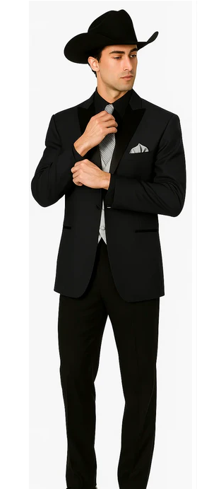 Men 2 Button Trim Cowboy in Black Cowboy Suit - Country Besom Pockets Wedding Suits