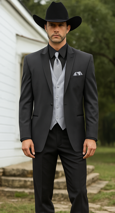 Men 2 Button Trim Cowboy in Black Cowboy Suit - Country Besom Pockets Wedding Suits