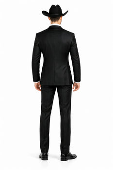 Men 2 Button Trim Cowboy in Black Cowboy Suit - Country Besom Pockets Wedding Suits