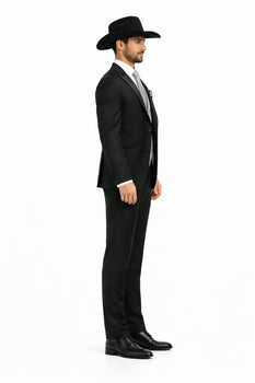 Men 2 Button Trim Cowboy in Black Cowboy Suit - Country Besom Pockets Wedding Suits