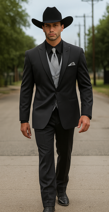 Men 2 Button Trim Cowboy in Black Cowboy Suit - Country Besom Pockets Wedding Suits