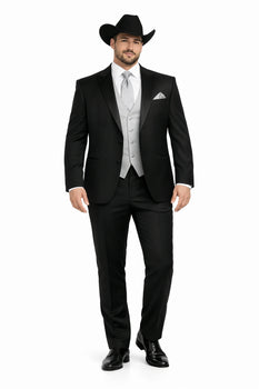 Men 2 Button Trim Cowboy in Black Cowboy Suit - Country Besom Pockets Wedding Suits