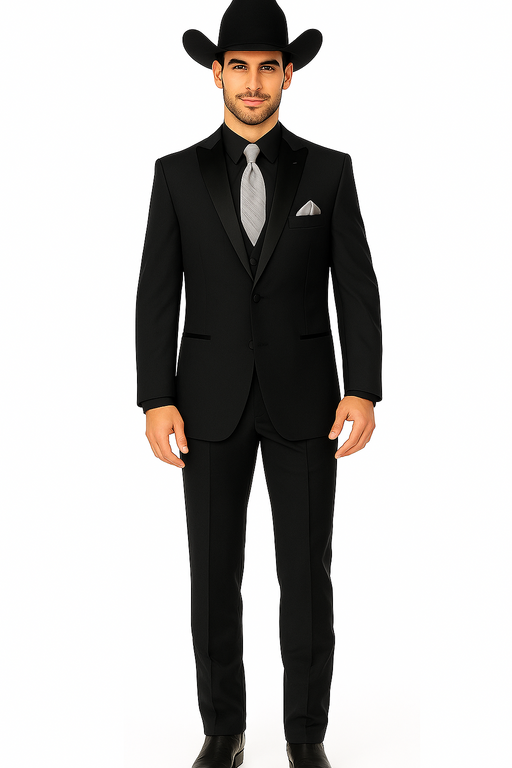 Men 2 Button Trim Cowboy in Black Cowboy Suit - Country Besom Pockets Wedding Suits