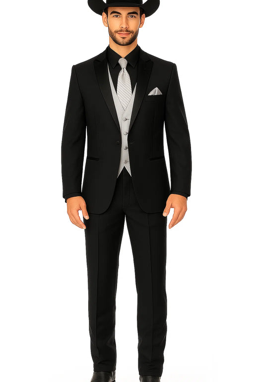 Men 2 Button Trim Cowboy in Black Cowboy Suit - Country Besom Pockets Wedding Suits