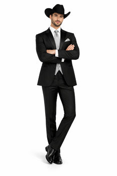 Men 2 Button Trim Cowboy in Black Cowboy Suit - Country Besom Pockets Wedding Suits